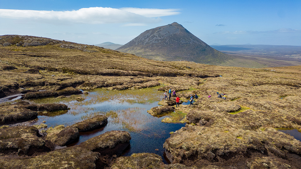 Aerial view of researchers in peat lands